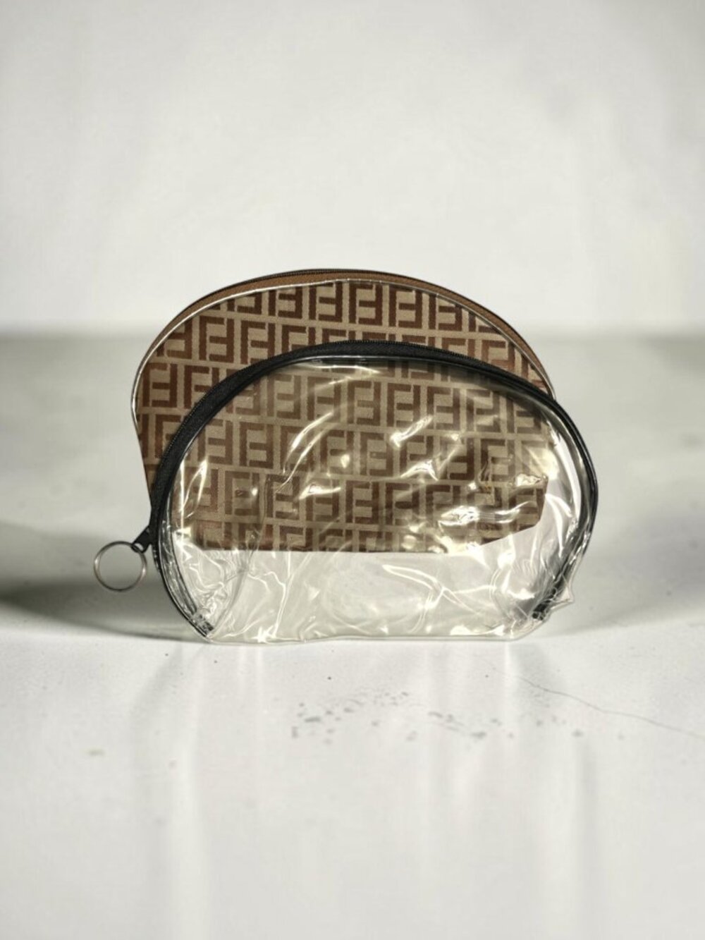 Light Brown & Clear 2 Piece Large Vinyl Zipper Cosmetic Bag Set